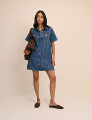 Orta Mavi Denim Gömlek Mini Boy Elbise