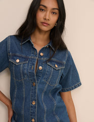 Orta Mavi Denim Gömlek Mini Boy Elbise