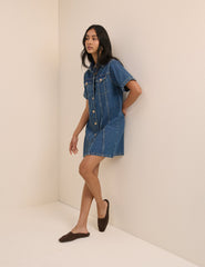 Orta Mavi Denim Gömlek Mini Boy Elbise