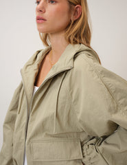 Yeşil Kapüşonlu Dik Yaka Windbreaker Ceket