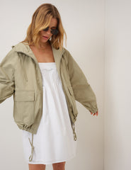 Yeşil Kapüşonlu Dik Yaka Windbreaker Ceket