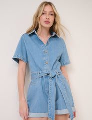 Denim Kuşaklı Şort Tulum