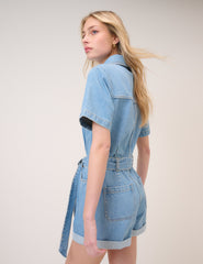 Denim Kuşaklı Şort Tulum