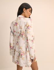 Beyaz Çiçek Desenli Keten Karışımlı Çift Düğmeli Suki Blazer Ceket