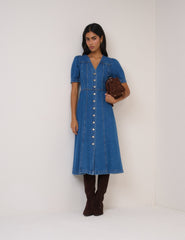 Mavi Denim Balon Kollu Sienna Midi Boy Elbise