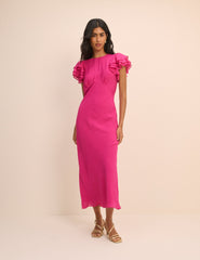Pembe Fırfır Kollu Lola Midi Boy Elbise