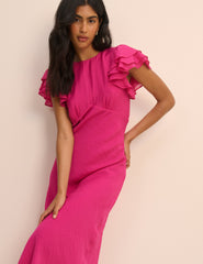 Pembe Fırfır Kollu Lola Midi Boy Elbise