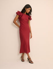 Crimson Kırmızı Fırfır Kollu Lola Midi Boy Elbise