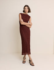 Bordo Çiçek Desenli Dantel Cece Esnek Jarse Maxi Boy Elbise
