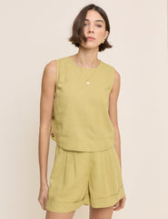 Yeşil Keten Ağırlıklı Düğmeli Yan Crop Bluz
