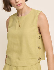 Yeşil Keten Ağırlıklı Düğmeli Yan Crop Bluz