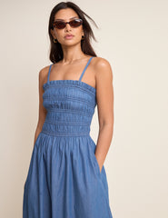 Orta Yıkamalı Denim Gipeli Faith Midi Boy Elbise