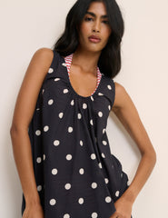 Siyah Puantiyeli Geniş Yuvarlak Yaka Midi Boy Plaj Elbise