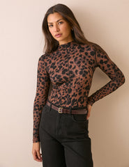 Leopar Desenli Esnek Jarse Dik Yaka Bluz