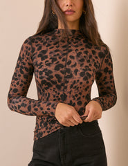 Leopar Desenli Esnek Jarse Dik Yaka Bluz