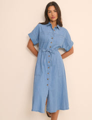 Orta Ton Yıkamalı Denim Gömlek Elbise