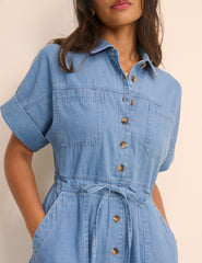 Orta Ton Yıkamalı Denim Gömlek Elbise