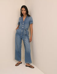 Orta Ton Yıkamalı Denim Kuşaklı Mylos Tulum