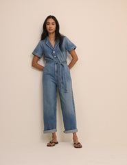 Orta Ton Yıkamalı Denim Kuşaklı Mylos Tulum