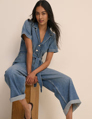 Orta Ton Yıkamalı Denim Kuşaklı Mylos Tulum