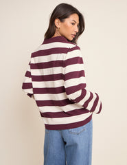 Bordo Çizgili Uzun Kollu Polo Bluz