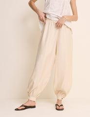Krem Balon Leg Saten Cuffed Pantolon