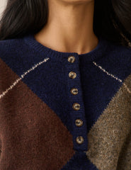 Lacivert Baklava Desenli Fitilli Detaylı Henley Kazak