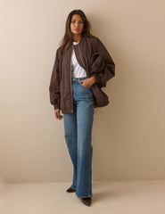 Çikolata Kahverengi Uzun Kesim Oversize Bomber Ceket