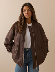 Çikolata Kahverengi Uzun Kesim Oversize Bomber Ceket
