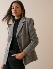 Gri Balıksırtı Desenli Belden Oturtmalı Blazer Ceket