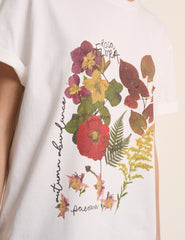 Beyaz Çiçek Desenli Baskılı Oversize Tişört