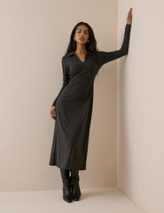 Charcoal Gri Fitilli Esnek Jarse Everett Midi Boy Elbise
