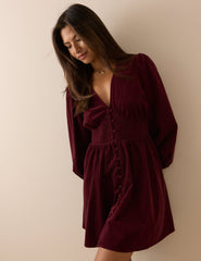 Bordo Fitilli Kadife Riley Mini Boy Elbise