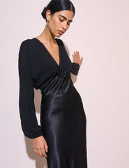 Siyah Bluzon Kollu Saten Linda Midi Boy Elbise