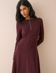 Bordo Fermuarlı Yaka Sutton Midi Boy Elbise