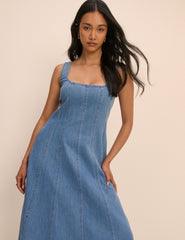 Orta Ton Yıkamalı Denim Rowe Midi Boy Elbise