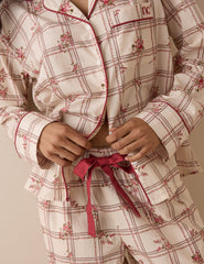 Krem Kareli ve Çiçek Desenli Pijama Takımı