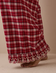 Kırmızı Kareli Fisto İşlemeli Etek Ucu Detaylı Pijama Bottoms
