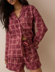 Bordo Kareli ve Çiçek Desenli Pijama Takımı