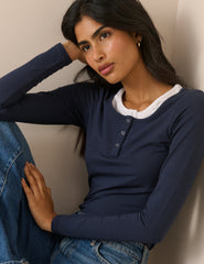 Lacivert Çift Katmanlı Henley Bluz