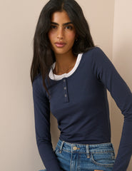 Lacivert Çift Katmanlı Henley Bluz