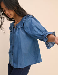Orta Mavi Denim Çiçek Desenli Kısa Kollu Bluz
