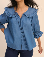 Orta Mavi Denim Çiçek Desenli Kısa Kollu Bluz