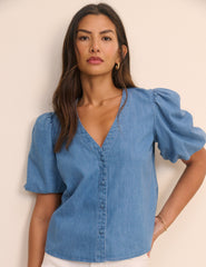 Orta Ton Yıkamalı Denim Brooke Bluz