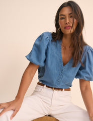 Orta Ton Yıkamalı Denim Brooke Bluz