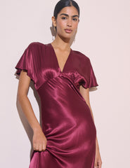 Bordo V Yaka Saten Grace Midi Boy Elbise