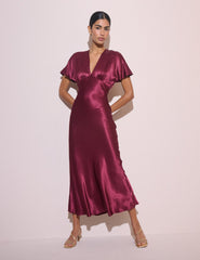 Bordo V Yaka Saten Grace Midi Boy Elbise