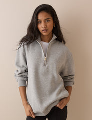 Gri Kırçıllı Quarter Fermuarlı Uzun Kesim Sweatshirt