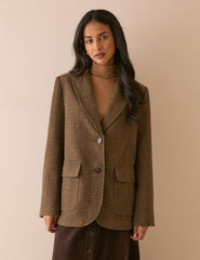 Kahverengi Klasik Ekoseli Patch Cepli Blazer Ceket