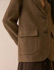 Kahverengi Klasik Ekoseli Patch Cepli Blazer Ceket